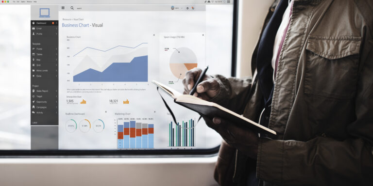 Marketing analytics dashboard with a professional taking notes